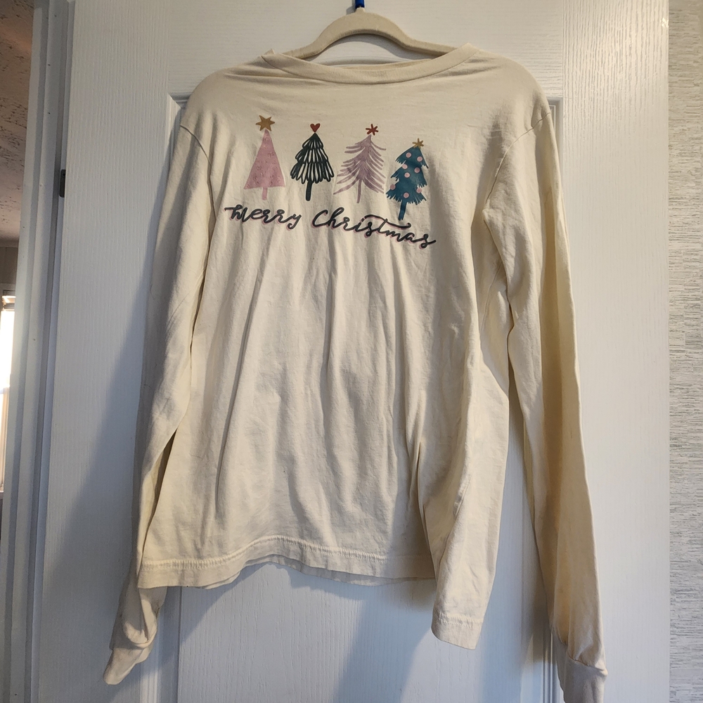Bella Canvas Cream Long Sleeve Holiday Tee with Festive Tree Graphic M Euc